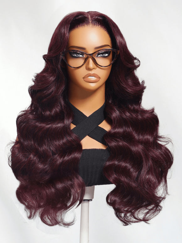 Code promo : HALF50 -50 % | Perruque Klaiyi Bye Bye Knots 7x5, couleur cerise noire, coupe dégradée, lisse, lace frontale 13x4, pré-assemblée 