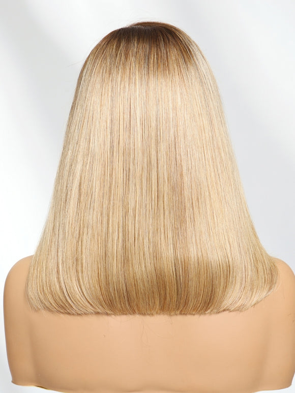 Klaiyi Tres Leches Blonde with Brown Root Bob Wigs Salt and pepper Hair Short Straight Bye-Bye Knots Wig Flash Sale