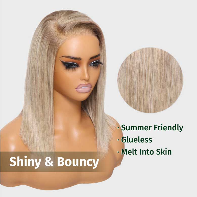 Extra 70% OFF |Klaiyi Tres Leches Blonde with Brown Root Bob Wigs Salt and pepper Hair Short Straight Bye-Bye Knots Wig