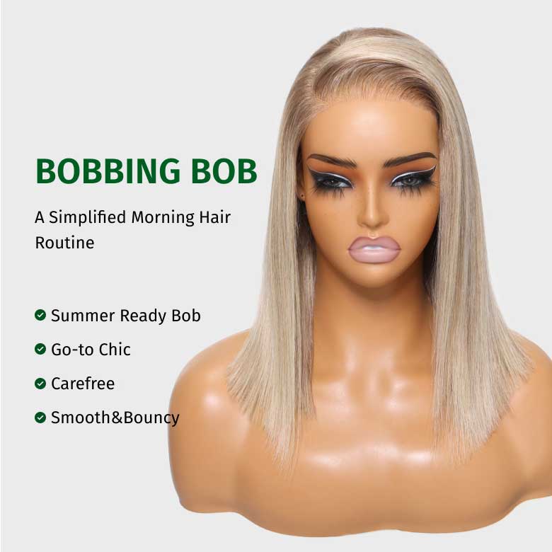 Extra 70% OFF |Klaiyi Tres Leches Blonde with Brown Root Bob Wigs Salt and pepper Hair Short Straight Bye-Bye Knots Wig