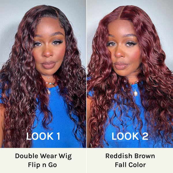 Double Wear Wig|Klaiyi Ombre Black Cherry &Reddish Brown Double Wear Wig Water Wave Flip & Go Fast Transformation 100% Human Hair Flash Sale