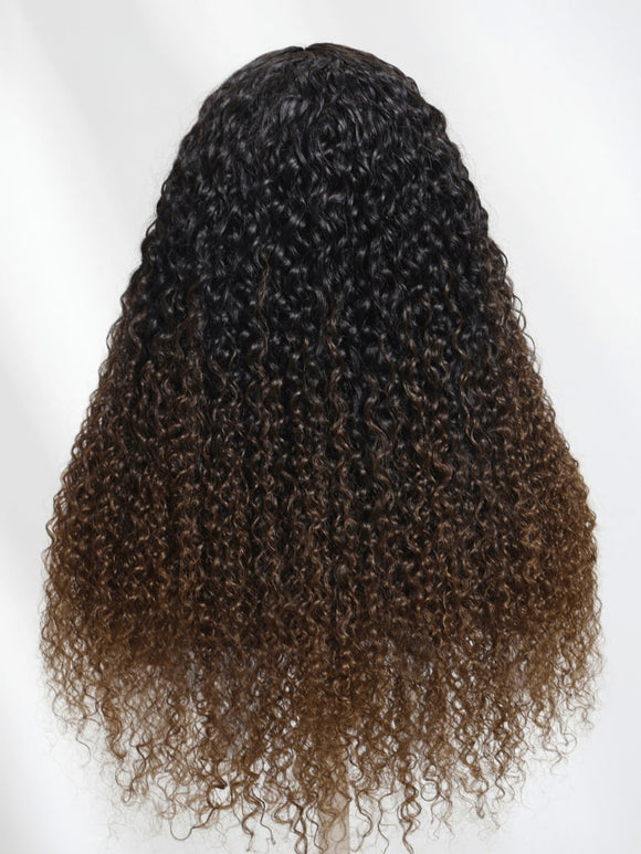 Perruque Klaiyi EasiContour™ bouclée en V, couleur châtain ombré, sans colle, cheveux humains