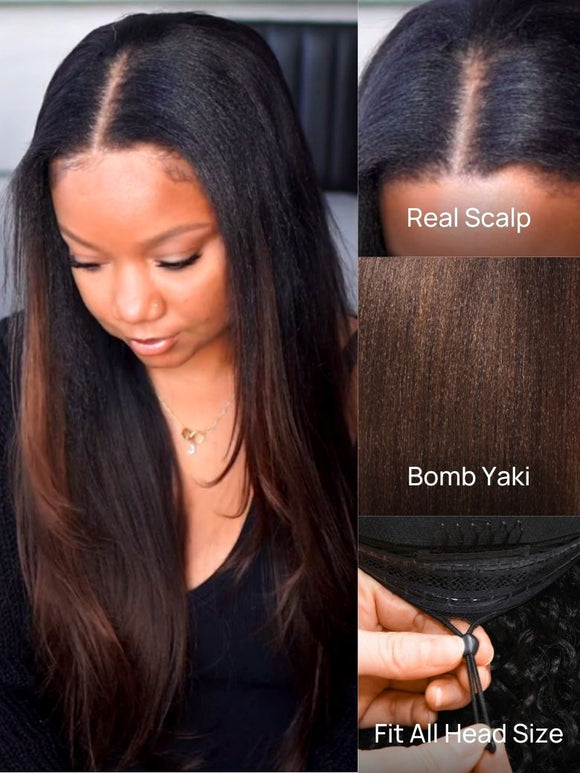 Perruque Klaiyi Ombre Châtain Brun Yaki Lisse EasiContour avec Raie en V, Cheveux Humains Sans Colle, Style Protecteur, Vente Flash