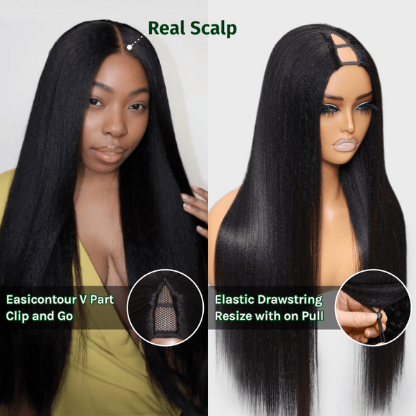 Klaiyi New EasiContour™ Yaki Straight V Part Wig Meets Real Scalp Ready To Wear Glueless Wig with  Invisi Drawstring