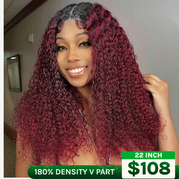 Buy 1 Get 1 Free,Code:BOGO | 180% Jerry Curly V Part Wig Human Hair 99J Color with Dark Roots No Leave Out Glueless Wigs