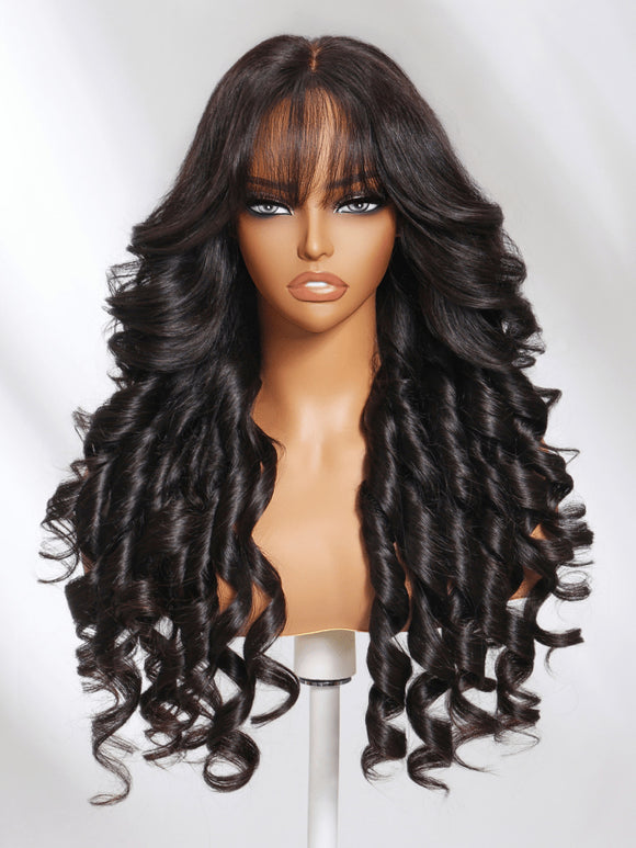 Klaiyi 7x5 and 13x4 3D Fluffy Body Wave Lace Frontal Wig with Curtain Bangs & Layers Pre everything Put on and Go Human Hair Wigs