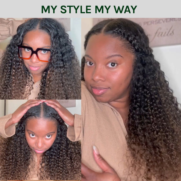 Klaiyi EasiContour™ Curly V Part Wig Ombre Chestnut Brown Color Glueless V Part Human Hair Wigs