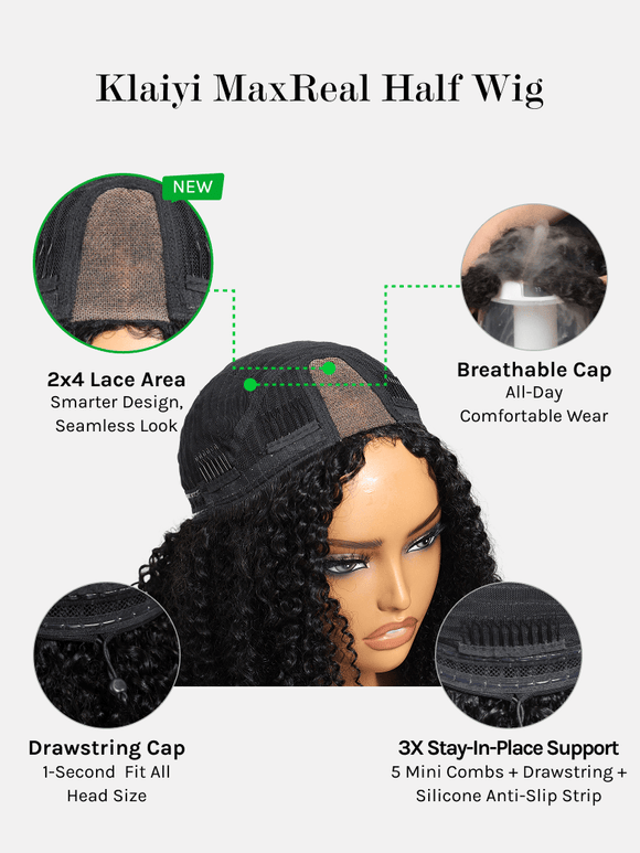 24"=$89 | Afro Curly Maxreal 2x4 Lace Part Half Wig Put On and Go Kinky Curly Human Hair Wigs with Invisi Drawstring VIP Member Wig