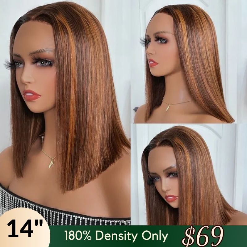 All Length $69 Deals| Klaiyi Brown Golden With Piano Highlights Blunt Cut Bob 13x5 T Part Lace Wig Flash Sale