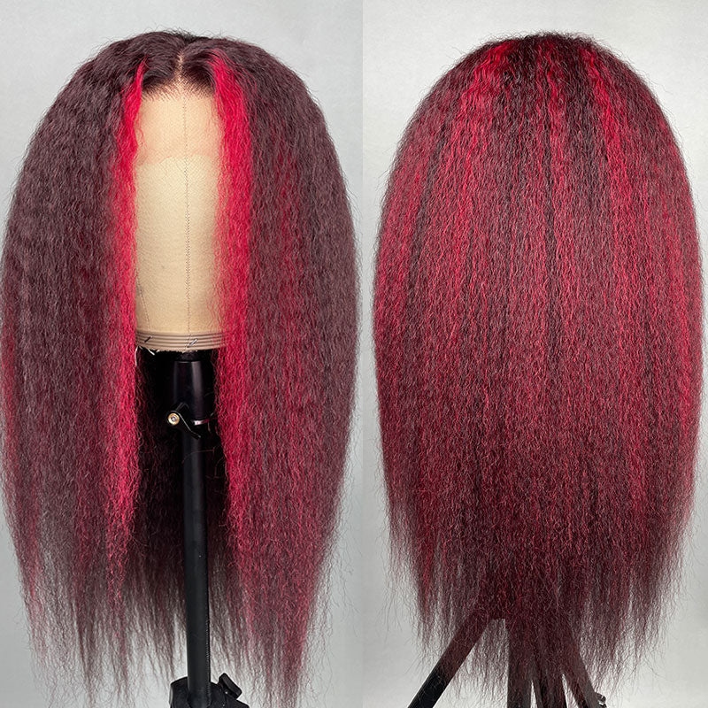 Klaiyi Dark Burgundy Highlights with Crimson Red Stripes Kinky Straight Lace Front Wig Flash Sale