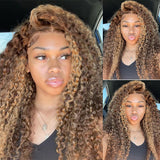 Klaiyi Pre-Cut Lace Wear Go Glueless Wig Honey Blonde Piano Highlight Color Curly Breathable Air Wig