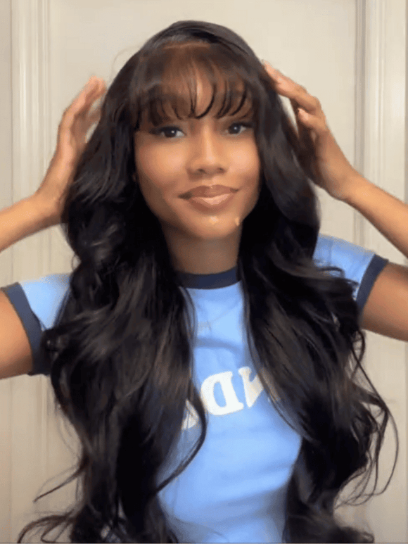 Klaiyi 13x4 Pre everything™ Lace Frontal Fluffy Natural Loose Body Wave With Vintage Air Bangs Put on and Go Glueless Human Hair Wigs