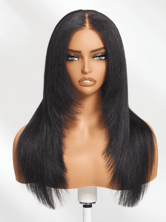 Klaiyi Yaki Straight 13x4 Pre Everything Lace Frontal Face-framing Reathered Layers Wig Put On and Go With Invisi Drawstring