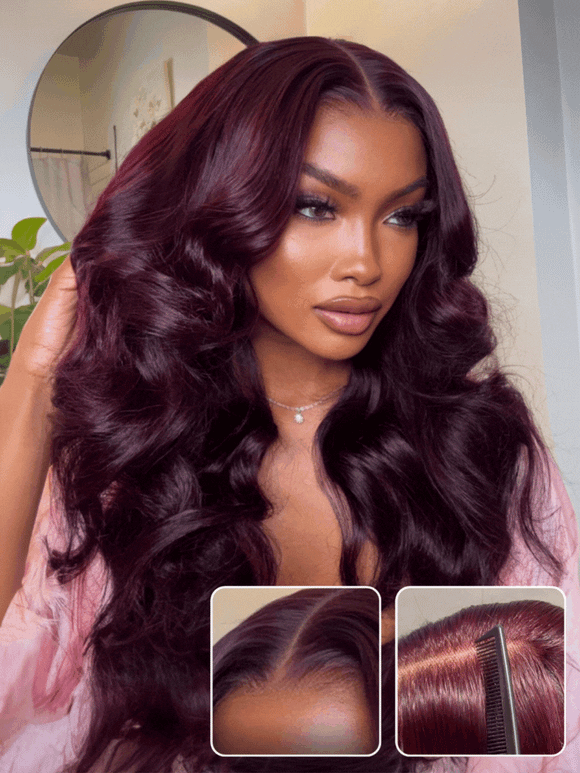 Code promo : HALF50 -50 % | Perruque Klaiyi Bye Bye Knots 7x5, couleur cerise noire, coupe dégradée, lisse, lace frontale 13x4, pré-assemblée 