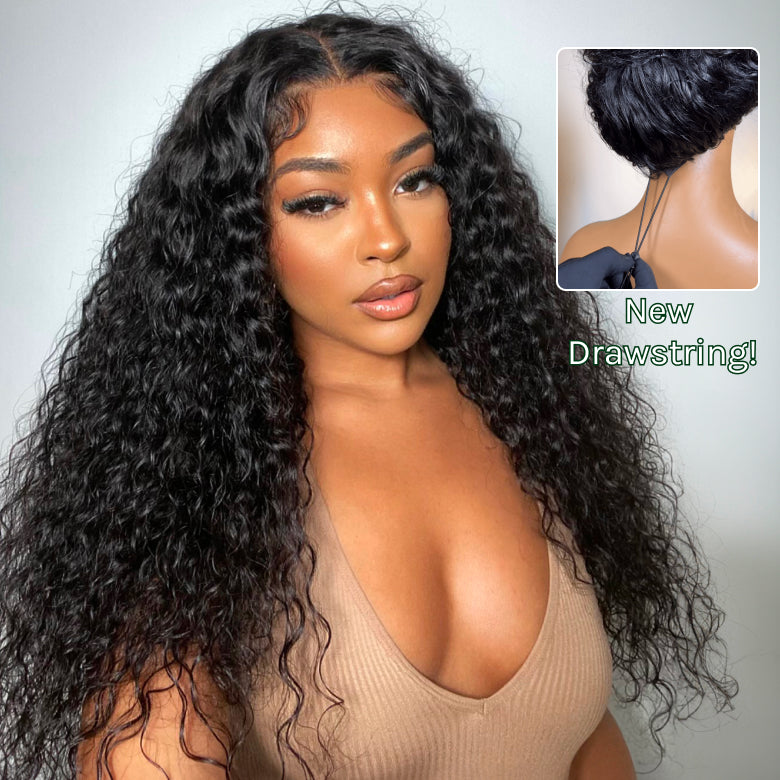Flash Sale Klaiyi 7x5 Bye Bye Knots Pre-cut Lace Put On and Go Glueless Wig Water Wave Human Hair Wigs