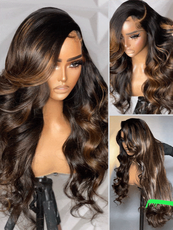 Klaiyi Ombre Brown Balayage Highlight Body Wave 7x5 Bye Bye Knots Wig Precolored Glueless Human Hair Lace Wig