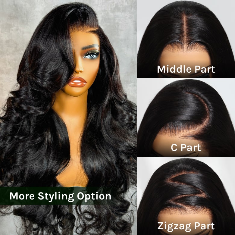Klaiyi Hair HD Real Scalp™ Wig with Curtain Bangs 13x4 Invisible Lace Frontal Body Wave Wig Natural Black Color
