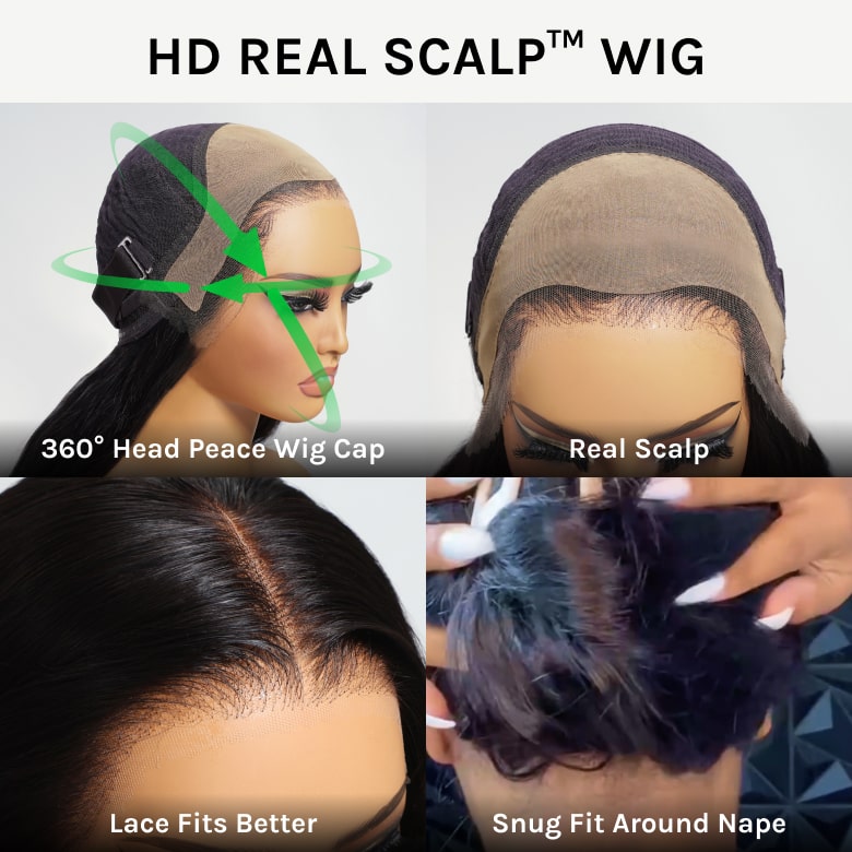 Klaiyi Hair HD Real Scalp™ Wig with Curtain Bangs 13x4 Invisible Lace Frontal Body Wave Wig Natural Black Color