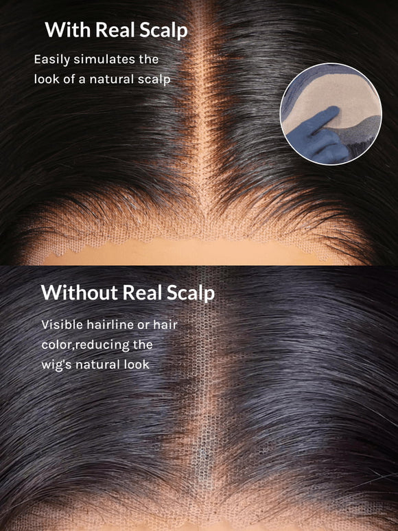 Klaiyi Hair HD Real Scalp™ Wig with Curtain Bangs 13x4 Invisible Lace Frontal Body Wave Wig Natural Black Color