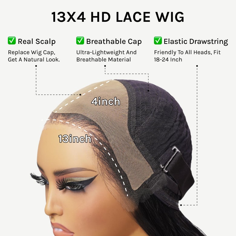 Klaiyi Hair HD Real Scalp™ Wig with Curtain Bangs 13x4 Invisible Lace Frontal Body Wave Wig Natural Black Color