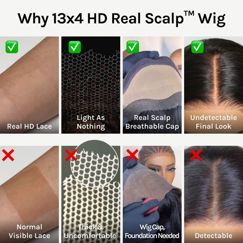 Klaiyi Hair HD Real Scalp™ Wig with Curtain Bangs 13x4 Invisible Lace Frontal Body Wave Wig Natural Black Color