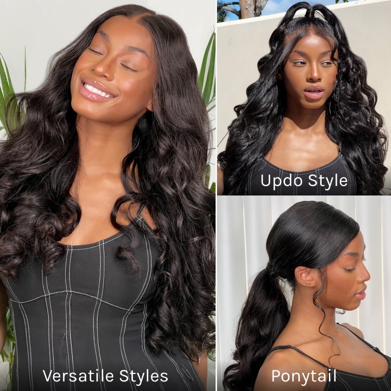 Klaiyi Hair HD Real Scalp™ Wig with Curtain Bangs 13x4 Invisible Lace Frontal Body Wave Wig Natural Black Color