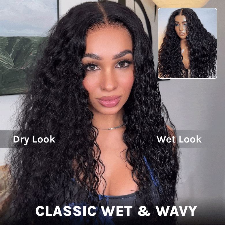 Flash Sale Klaiyi 7x5 Bye Bye Knots Pre-cut Lace Put On and Go Glueless Wig Water Wave Human Hair Wigs