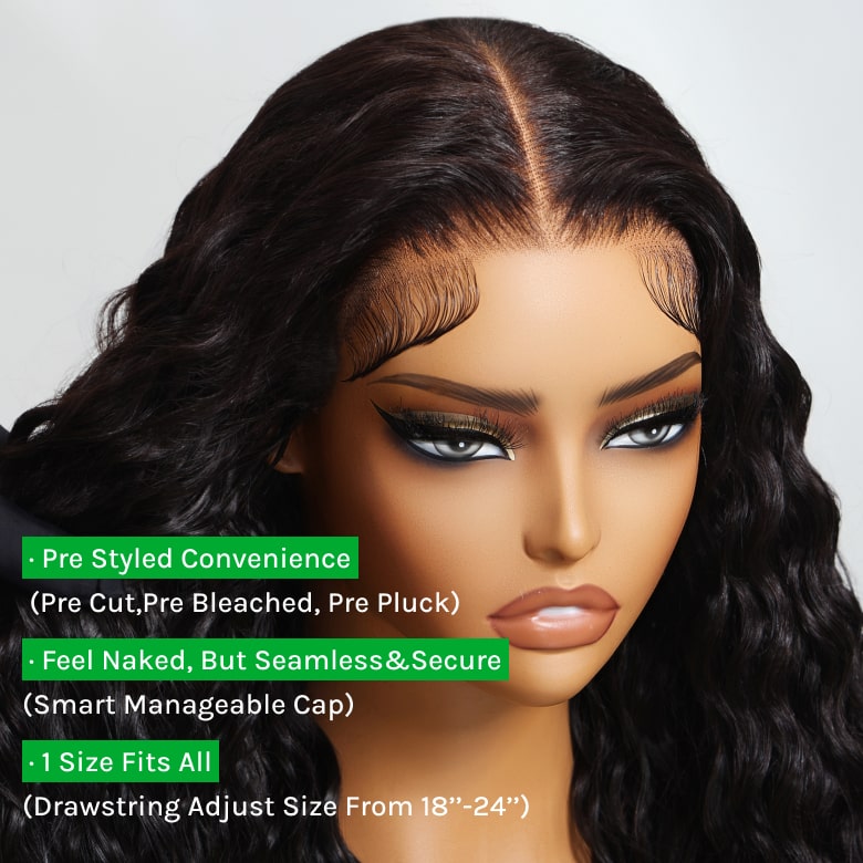 Flash Sale Klaiyi 7x5 Bye Bye Knots Pre-cut Lace Put On and Go Glueless Wig Water Wave Human Hair Wigs