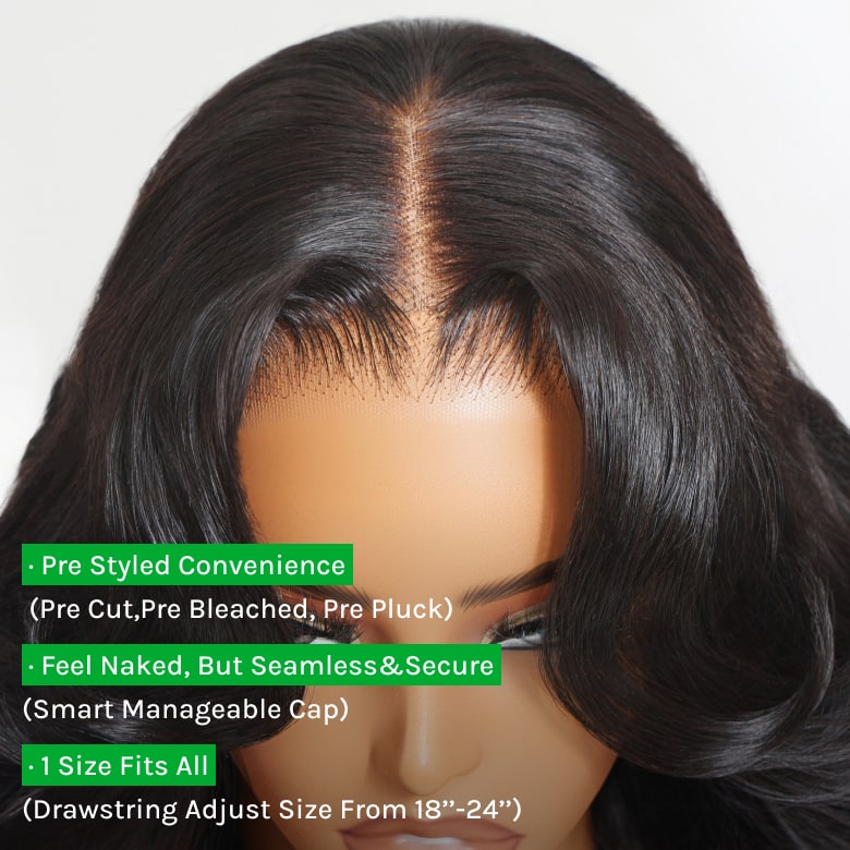 Klaiyi Hair HD Real Scalp™ Wig with Curtain Bangs 13x4 Invisible Lace Frontal Body Wave Wig Natural Black Color