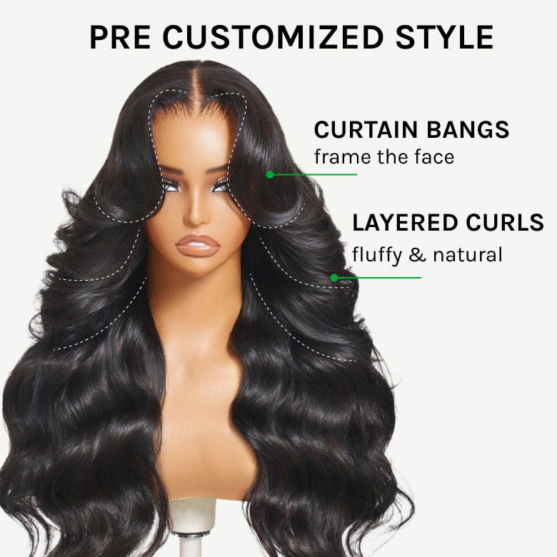 Klaiyi Hair HD Real Scalp™ Wig with Curtain Bangs 13x4 Invisible Lace Frontal Body Wave Wig Natural Black Color