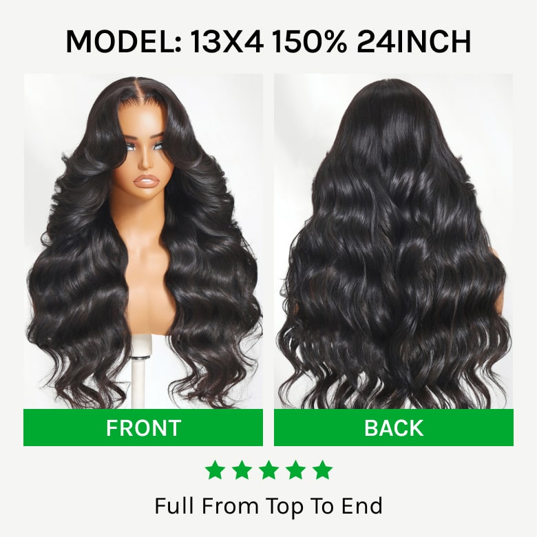 Klaiyi Hair HD Real Scalp™ Wig with Curtain Bangs 13x4 Invisible Lace Frontal Body Wave Wig Natural Black Color
