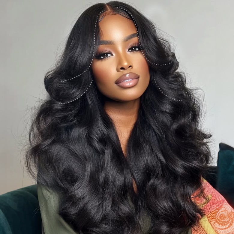 Klaiyi Hair HD Real Scalp™ Wig with Curtain Bangs 13x4 Invisible Lace Frontal Body Wave Wig Natural Black Color