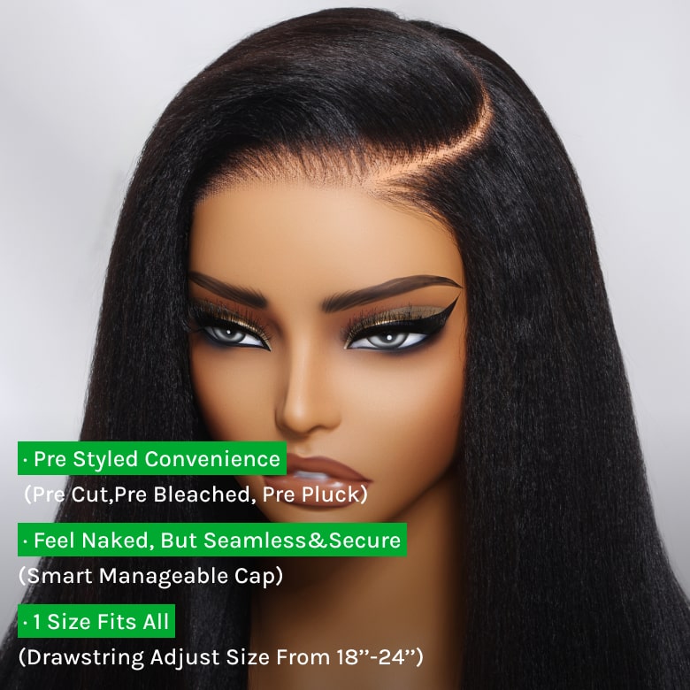 Klaiyi Yaki Straight Put On and Go Glueless Lace Wigs 7x5 Bye Bye Knots Pre-cut Human Hair Lace Wig Kinky Straight