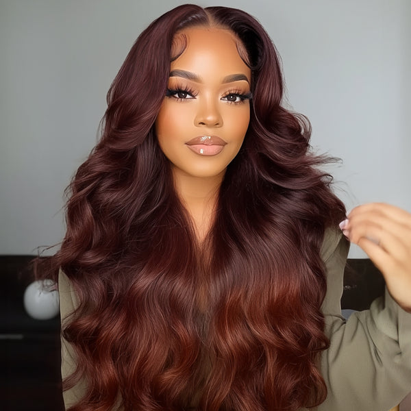 Klaiyi 13x4 Reddish Brown Balayage Loose Wave Wig Layered Cut with Curtain Bang Lace Front Wig Ombre Color Wig