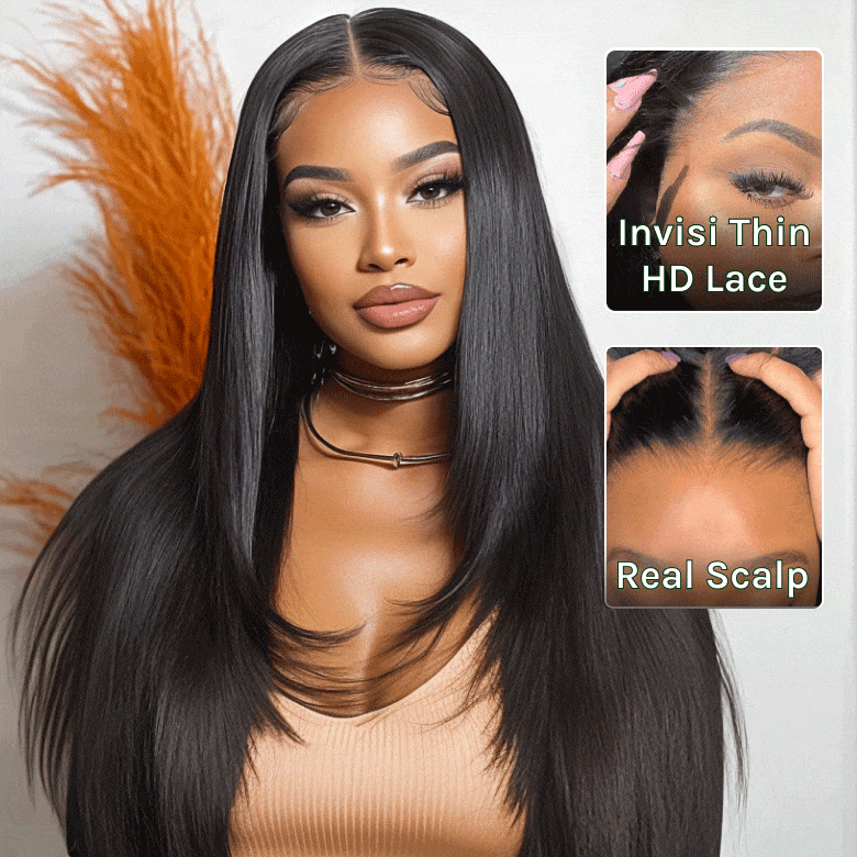 Klaiyi 13x4 HD Real Scalp™ Layer Cut Straight Lace Frontal Wig with Invisi Drawstring 180%Thick Density