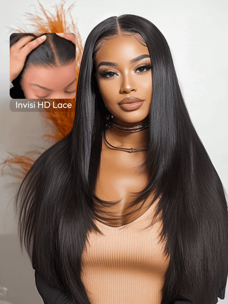 Klaiyi Bone Straight 13x4 Pre everything Lace Front Wigs with Layer Inner Buckle Pull And Go Wig Drawstring Glueless Human Hair Wigs