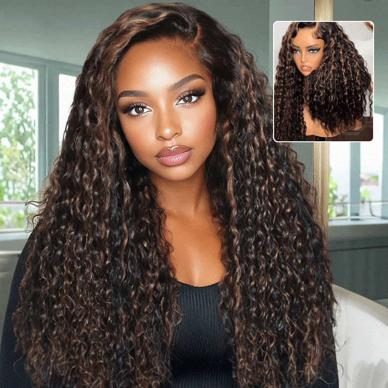 Klaiyi 7x5 Golden Brown Highlight Water Wave Bye Bye Knots Lace Closure Wig 150% Density