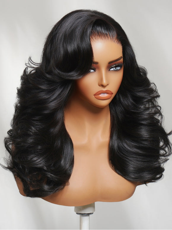 Klaiyi 7×5 Bye-Bye Slip Lace Wig Put On And Go Feathered Layer Left Side Part 200% Density with Invisible Drawstring