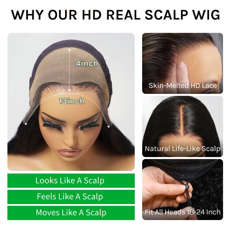 Klaiyi Hair HD Real Scalp™ Wig with Curtain Bangs 13x4 Invisible Lace Frontal Body Wave Wig Natural Black Color