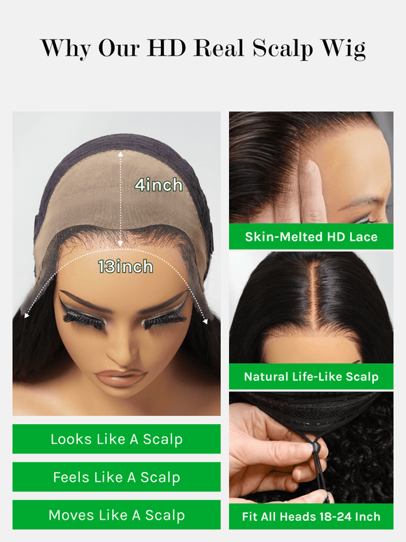 Perruque Klaiyi 13x4 HD Real Scalp, lace frontale invisible, noire naturelle, crépue et lisse, avec cordon de serrage invisible 