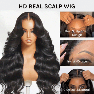 Klaiyi Hair HD Real Scalp™ Wig with Curtain Bangs 13x4 Invisible Lace Frontal Body Wave Wig Natural Black Color