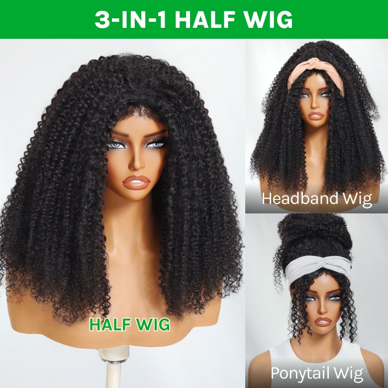 Klaiyi Kinky Curly 3 In 1 Half Wig Flip Over Wig with 4C Kinky Edge &Flexi-Fit Drawstring Beginner Friendly Wig