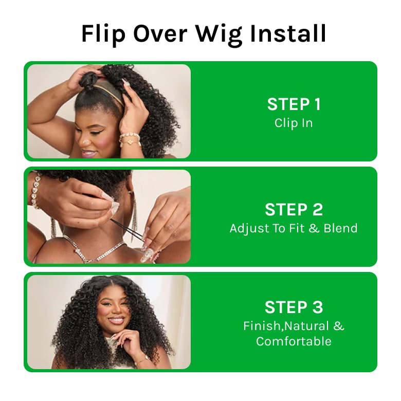 Klaiyi Kinky Curly 3 In 1 Half Wig Flip Over Wig with 4C Kinky Edge &Flexi-Fit Drawstring Beginner Friendly Wig