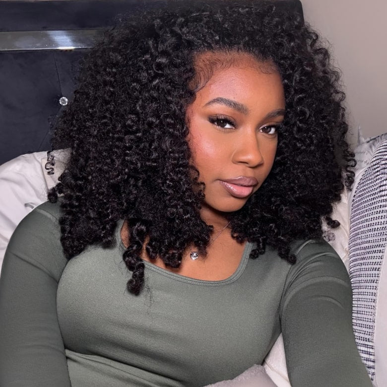 Klaiyi Kinky Curly 3 In 1 Half Wig Flip Over Wig with 4C Kinky Edge &Flexi-Fit Drawstring Beginner Friendly Wig