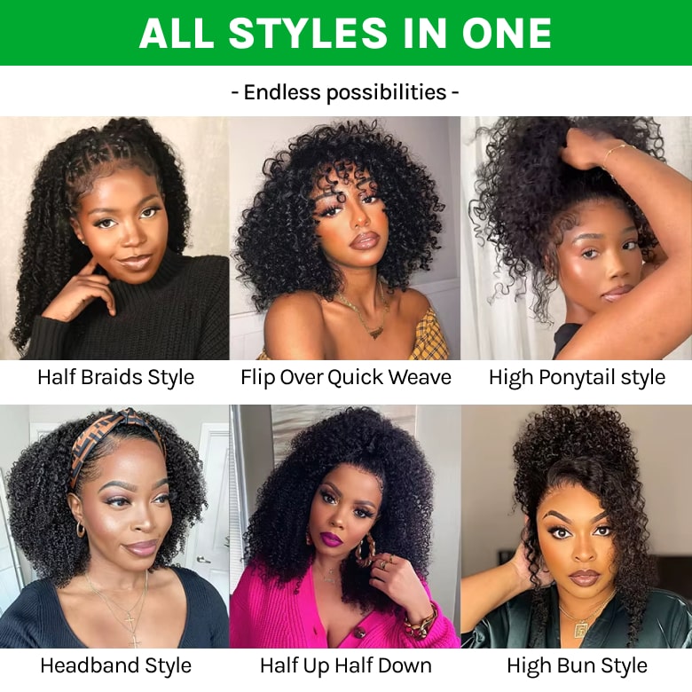 Klaiyi Kinky Curly 3 In 1 Half Wig Flip Over Wig with 4C Kinky Edge &Flexi-Fit Drawstring Beginner Friendly Wig