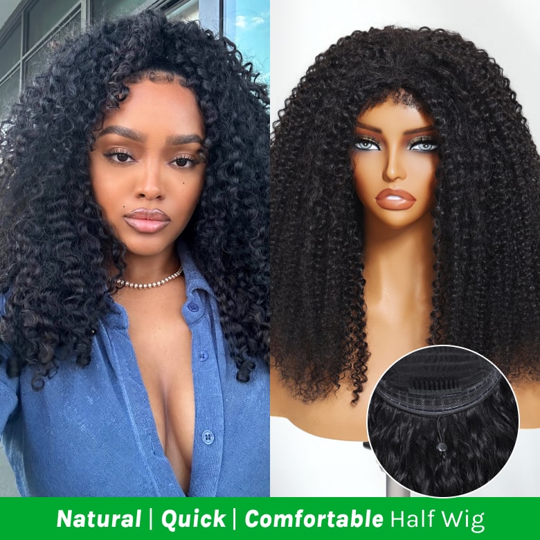 Klaiyi Kinky Curly 3 In 1 Half Wig Flip Over Wig with 4C Kinky Edge &Flexi-Fit Drawstring Beginner Friendly Wig