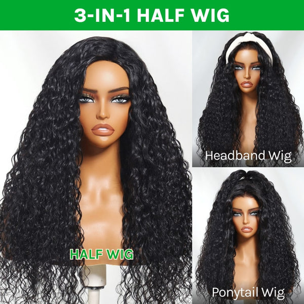 Klaiyi Water Wave 3 In 1 Half Wig Flip Over Wig with Flexi-Fit Drawstring Beginner Friendly Wig