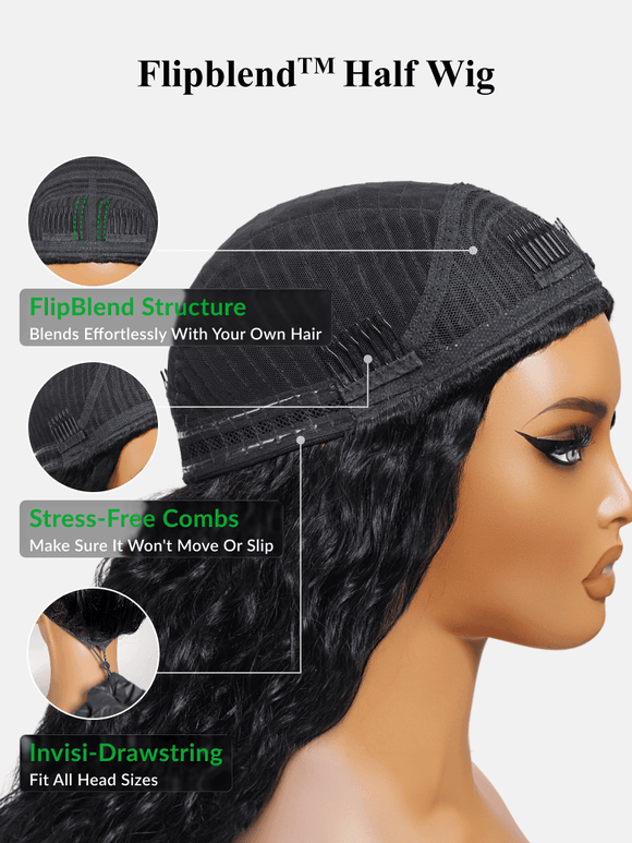 Flash Sale| Water Wave Wig Flexi-Fit Drawstring Beginner Friendly 3 In 1  Flip Over 3/4 Half Wig Vip Member