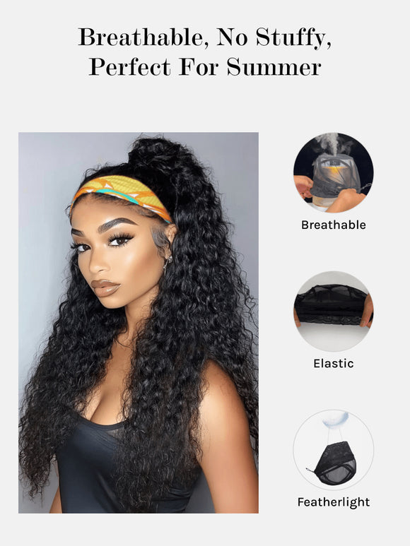 Klaiyi Hair HookFit Water Wave Headband Glueless Human Hair Wig With Invisi Drawstring