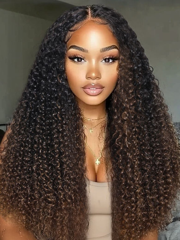 Perruque Klaiyi EasiContour™ bouclée en V, couleur châtain ombré, sans colle, cheveux humains
